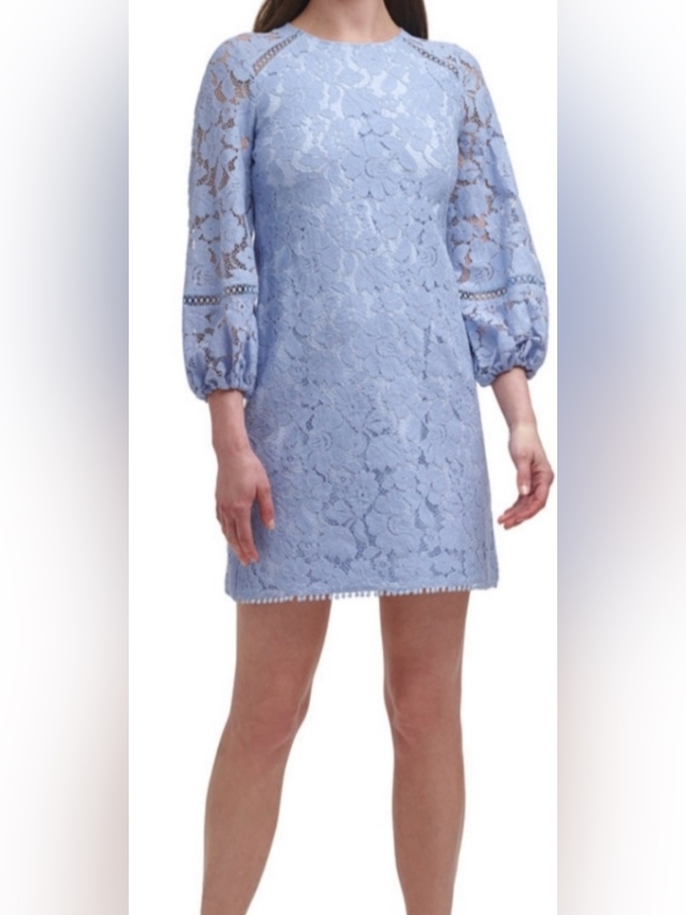 Vince Camuto Dress Light Blue Lace Overlay Long Illusion Sleeves Embroidery 8👍